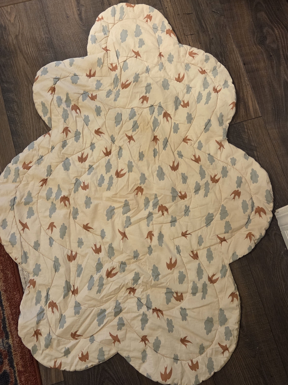 H&M Cream Quilted Play Mat with Blue Cloud and Brown Bird Motif